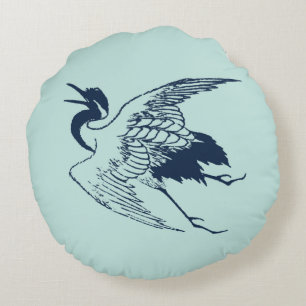 Coussins Ronds Dessin japonais vintage d'une grue, bleu