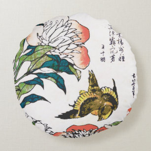 Coussins Ronds Dessin japonais vintage, pivoines et moineau