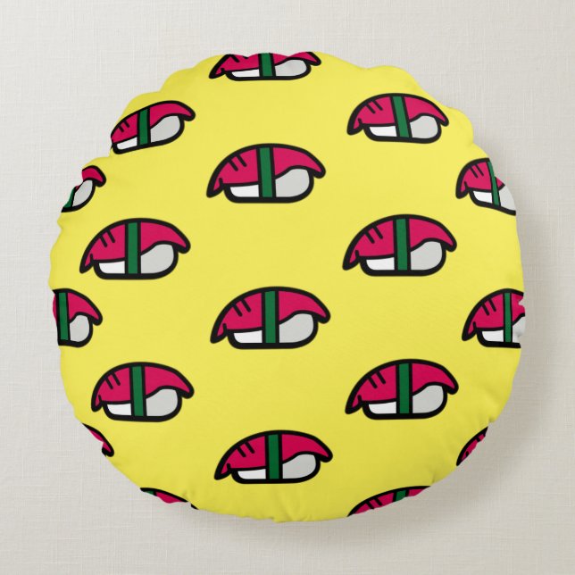 Coussins Ronds Dessin Kawaii Sushi, Riz de Poisson et Algues (Devant)