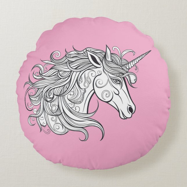 Coussins Ronds Dessin tête Unicorne (BGRD ROSE) (Devant)