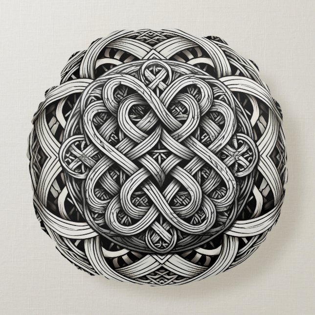 Coussins Ronds Détaillierte Schwarz-Weißer keltischer Knoten 0001 (Devant)