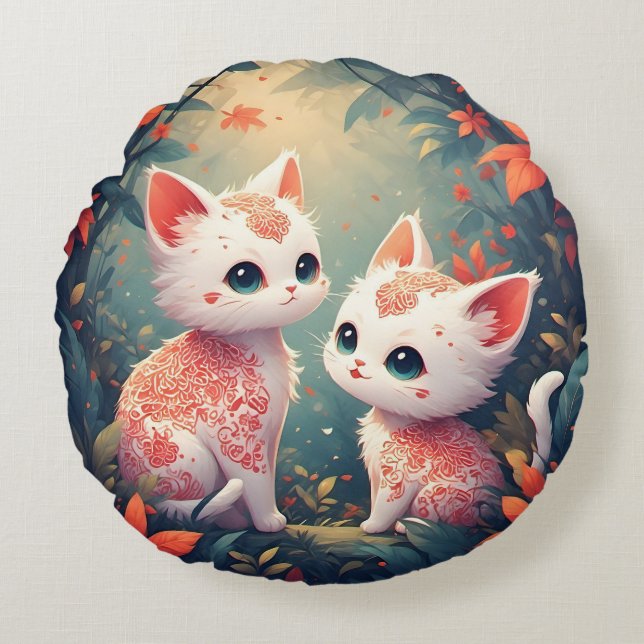 Coussins Ronds Deux chatons blancs dans une forêt magique (Devant)