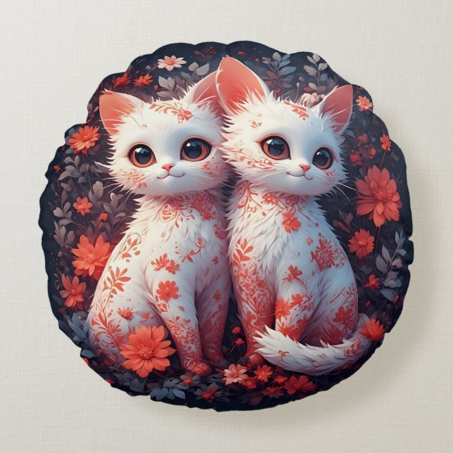Coussins Ronds Deux chatons blancs et fleurs (Devant)