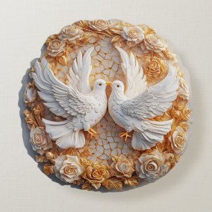 Coussins Ronds Deux colombes blanches au milieu d'un motif floral