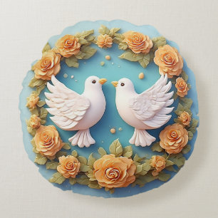 Coussins Ronds Deux colombes blanches parmi un motif floral