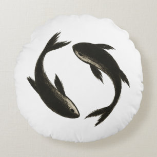 Coussins Ronds Deux Koi - Poisson en pinceau d'encre