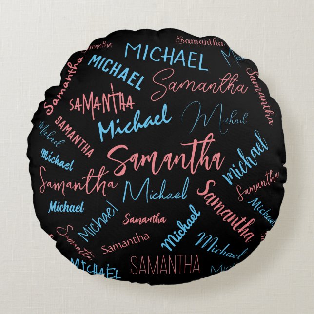 Coussins Ronds Deux noms couples motif monogramme bleu rose clair (Devant)