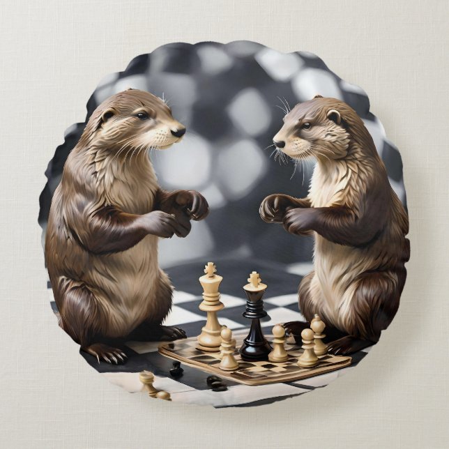 Coussins Ronds Deux Otters Jouant Aux Échecs, (Devant)