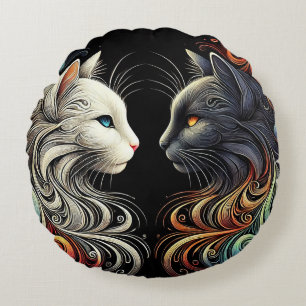Coussins Ronds Deux visages de chat contrastés avec des tourbillo
