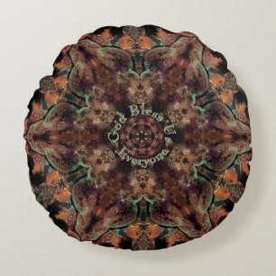 Coussins Ronds Dieu nous bénisse Corail Kaléidoscope Marron et Or