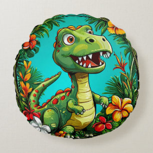 Coussins Ronds Dinosaure adorable entouré de fleurs colorées