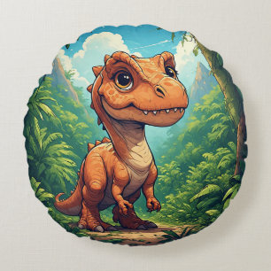 Coussins Ronds Dinosaure de dessin animé explorant une jungle tro