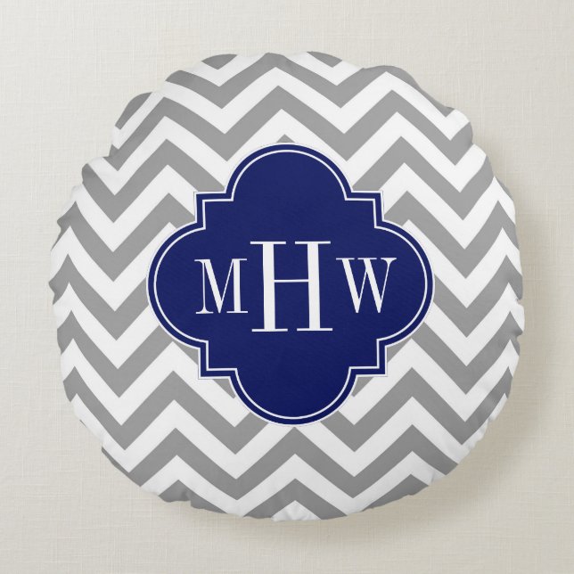 Coussins Ronds Dk Grey Lg Chevron Navy Quatrefoil 3 Monogramme (Devant)