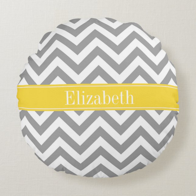 Coussins Ronds Dk Gris Blanc LG Chevron Ananas Monogramme Initial (Devant)
