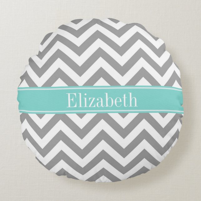 Coussins Ronds Dk Gris Blanc LG Chevron Turquoise Monogramme Nom (Devant)