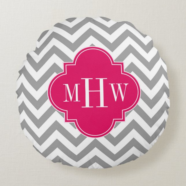 Coussins Ronds Dk Gris Lg Chevron framboise Quatrefoil 3 Monogram (Devant)