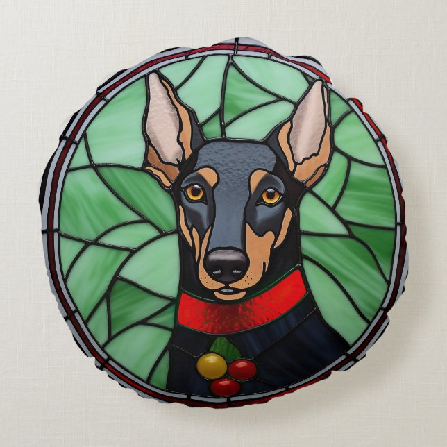 Coussins Ronds Doberman Pinscher Vitrail de Noël (Dos)