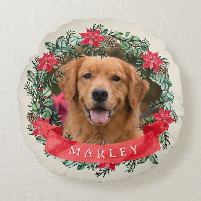 Coussins Ronds Dog Photo and Name Poinsettia Wreath Holiday Plaid (Devant)