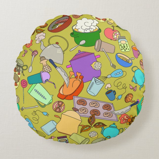 Coussins Ronds Doodle nourriture et ustensiles, texture transpare (Devant)