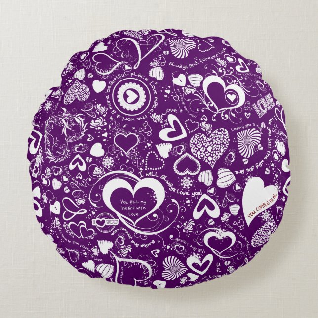 Coussins Ronds Doodles D'Amour Du Coeur, Oreiller À Jeu Rond Viol (Devant)