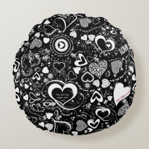 Coussins Ronds Doodles d'amour du coeur, oreiller rond noir-blanc