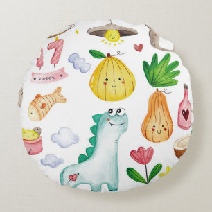 Coussins Ronds Doodles d'aquarelle Kawaii, autocollant prêt.