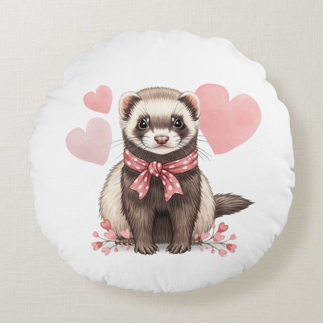 Coussins Ronds Douce Furet Kawaii Cœurs Roses (Devant)