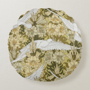 Coussins Ronds Doves et Lilies, Floral & Oiseaux Art Nouveau