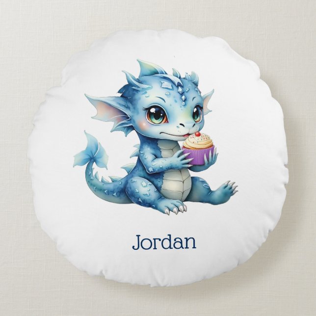 Coussins Ronds Dragon Bébé Bleu Mange un Cupcake (Devant)
