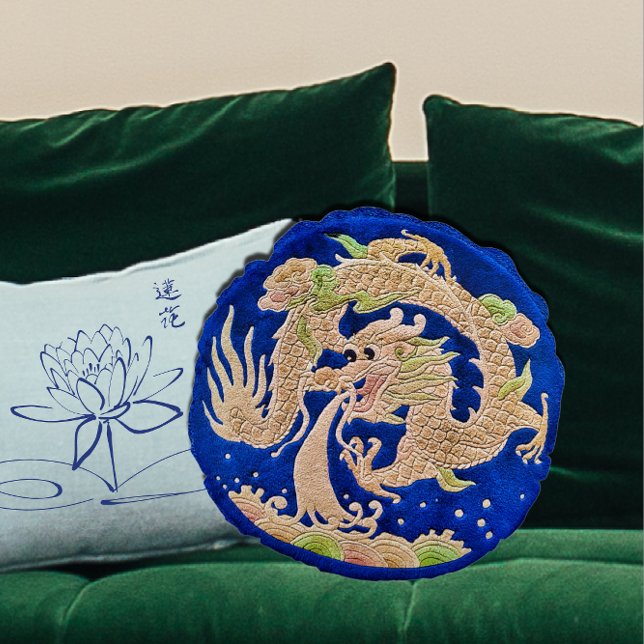 Coussins Ronds Dragon chinois sur Oreiller rond bleu Cobalt (Créateur téléchargé)