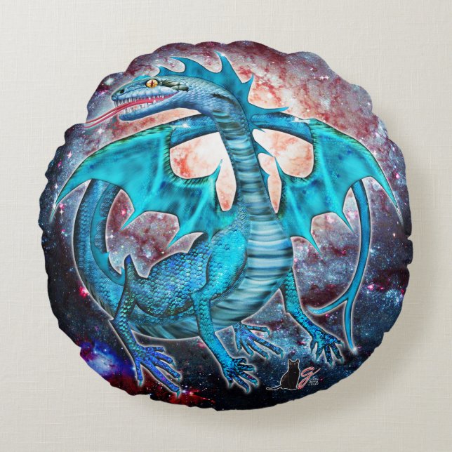 Coussins Ronds Dragon cosmique Turquoise (Devant)