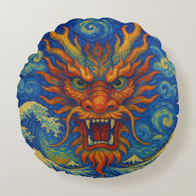 Coussins Ronds Dragon rouge oriental nuit étoile Kanagawa vagues (Devant)