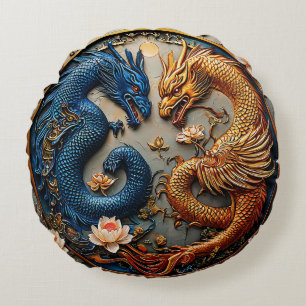 Coussins Ronds Dragons Bleus et Dorés dans un Design Yin Yang