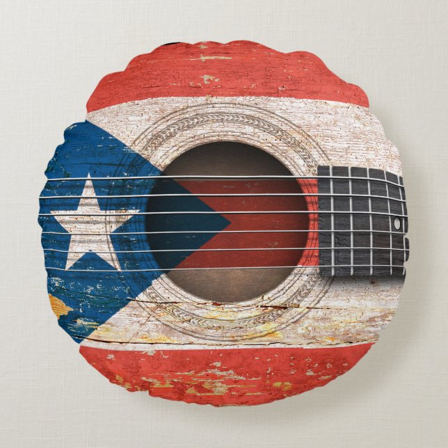 Coussins Ronds Drapeau de Porto Rico sur la vieille guitare (Devant)