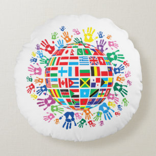 Coussins Ronds Drapeaux du Monde avec Empreintes de Mains Colorée