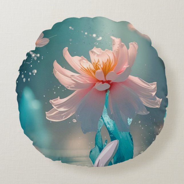 Coussins Ronds Dreamy Pink Lotus and Butterfly in Aqua Water (Devant)