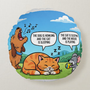 Coussins Ronds Drôle Cartoon Chien, Chat et souris