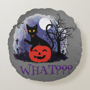 Coussins Ronds Drôle Halloween Bewitched Chat noir Quoi?
