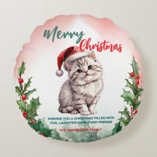 Coussins Ronds Drôle Joyeux Noël Wreath mignonne Chat chaton