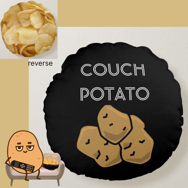 Coussins Ronds Drôle "Pomme de terre de canapé" + Chips de pomme  (This funny Couch Potato cushion is perfect for the lovable sloth in your life. Choice of colors.)