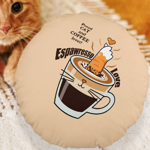 Coussins Ronds Drôle Rustique Bohème Café Amateur de Chats Beige 