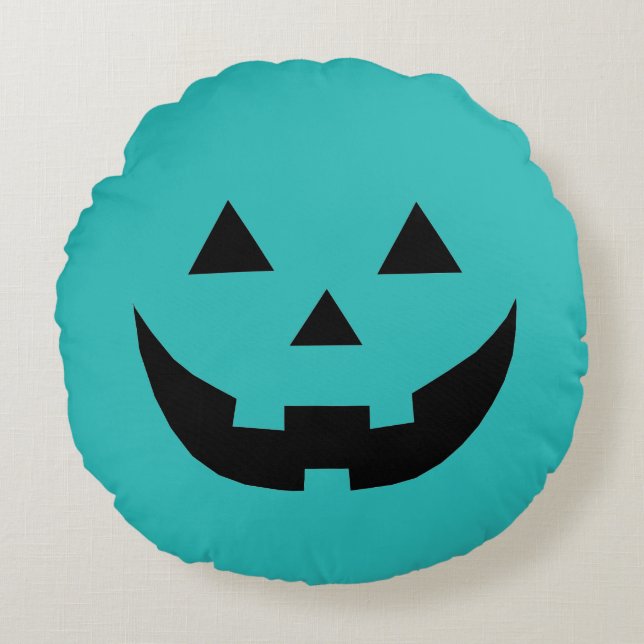 Coussins Ronds Drôle visage citrouille Jack-o'-lantern turquoise  (Devant)