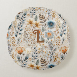 Coussins Ronds Dusty Bleu Beige Floral Cottagecore Monogramme