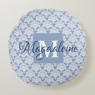 Coussins Ronds Dusty Blue & White Monogramme Nom Damask
