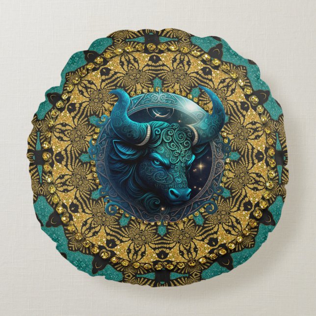 Coussins Ronds Earthy Gold Turquoise Tribal Taurus Zodiac (Devant)