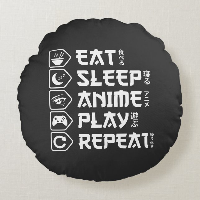 Coussins Ronds Eat Sleep Anime Play Repeat Otaku Anime Lifestyle (Devant)
