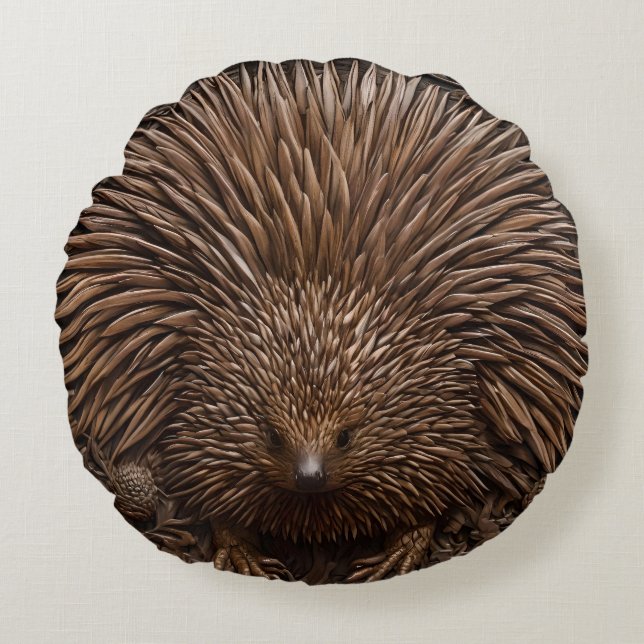 Coussins Ronds Echidna australienne sculptée en bois (Devant)