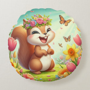 Coussins Ronds Écureuil du printemps mignon et heureux