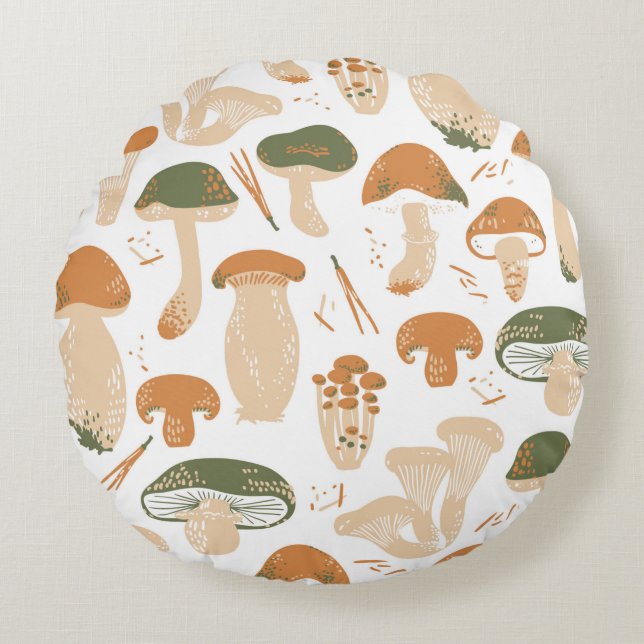 Coussins Ronds Edible Mushrooms seamless pattern. Linocut old sty (Devant)