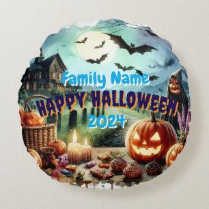 Coussins Ronds Eerie Halloween Night Watercolor